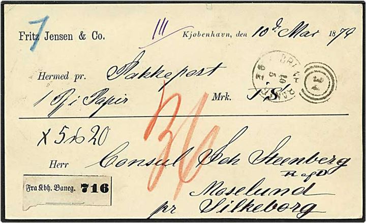 Ufrankeret privatfremstillet adressebrev fra København d. 10.3.1879 til Silkeborg. Sat i porto med 36 øre og påskrevet 36 med rødkridt.