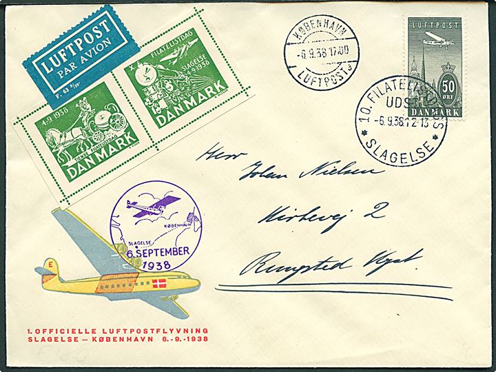 50 øre Luftpost og Slagelse udstillings-mærke på luftpostbrev fra Slagelse d. 6.9.1938 via København til Rungsted Kyst.