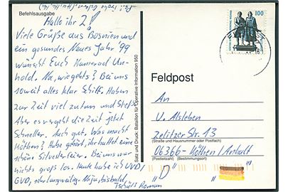 100 pfg. på illustreret feltpostkort stemplet Feldpost 1989 til Köthen, Tyskland. Fra tyske styrker i Bosnien GECONSFOR (L)