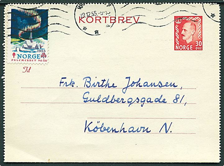 30 øre Hakon VII helsags korrespondancekort med Julemærke 1955 fra Kristiansand S. d. 19.12.1955 til København, Danmark.
