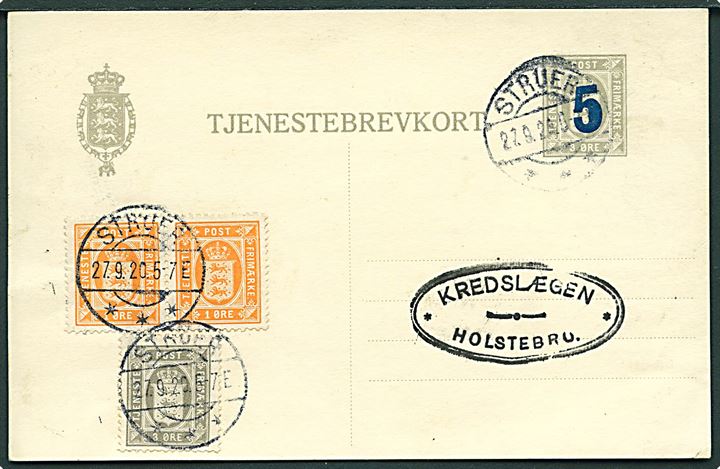 5/3 øre provisorisk tjenestebrevkort opfrankeret med 1 øre (par) og 3 øre Tjenestemærke sendt lokalt i Struer d. 27.9.1920. Vanskelig helsag.
