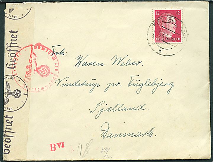 12 pfg. Hitler på brev fra Kiel d. 15.7.1942 til Vindstrup pr. Fuglebjerg. Fra  dansk Tysklandsarbejder i Hesselfelde Lager 4-2. Åbnet af tysk censur i Hamburg.