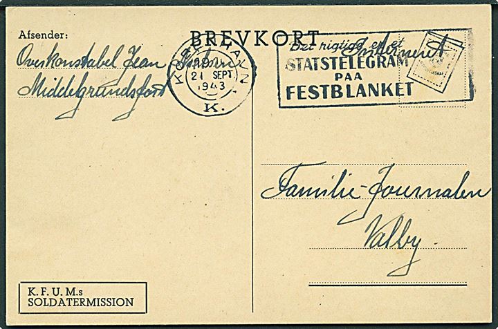 Ufrankeret interneret forsendelse fra overkonstabel på Middelgrundfortet sendt lokalt i København d. 21.9.1943.