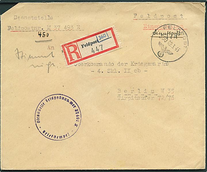 Ufrankeret anbefalet feltpostbrev stemplet Feldpost 360 d. 2.3.1945 til Berlin, Tyskland. Fra Dienststelle Feldpost nr. M37493 = Hafenkommandant Aarhus
