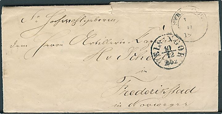1852. Portobrev med fuldt indhold og svagt 1½-ringsstempel Schleswig d. 6.12.1852 via Helsingør d. 10.12.1852 til Frederikstad, Norge.