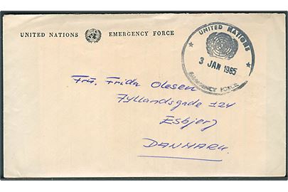 Fortrykt kuvert med indhold dateret Beit-Hanun stempel United Nations Emergency Force d. 3.1.1965 til Esbjerg, Danmark. Fra FN-soldat i KDODEL-COY 2, DANOR BN, UNEF i Gaza.