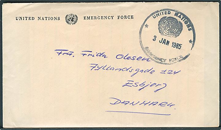 Fortrykt kuvert med indhold dateret Beit-Hanun stempel United Nations Emergency Force d. 3.1.1965 til Esbjerg, Danmark. Fra FN-soldat i KDODEL-COY 2, DANOR BN, UNEF i Gaza.