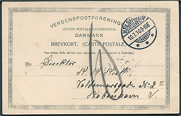 Ufrankeret brevkort fra Helsingør d. 10.7.1910 til København. Udtakseret i 10 øre porto.