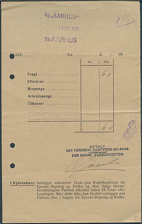 DFDS Fragtgods-fragtbrev fra Aarhus d. 14.9.1938 for støbegods til København sendt med S/S Aarhus.