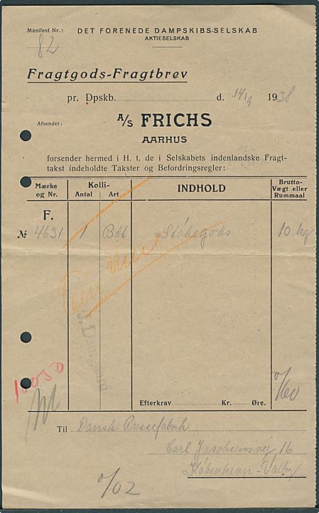 DFDS Fragtgods-fragtbrev fra Aarhus d. 14.9.1938 for støbegods til København sendt med S/S Aarhus.