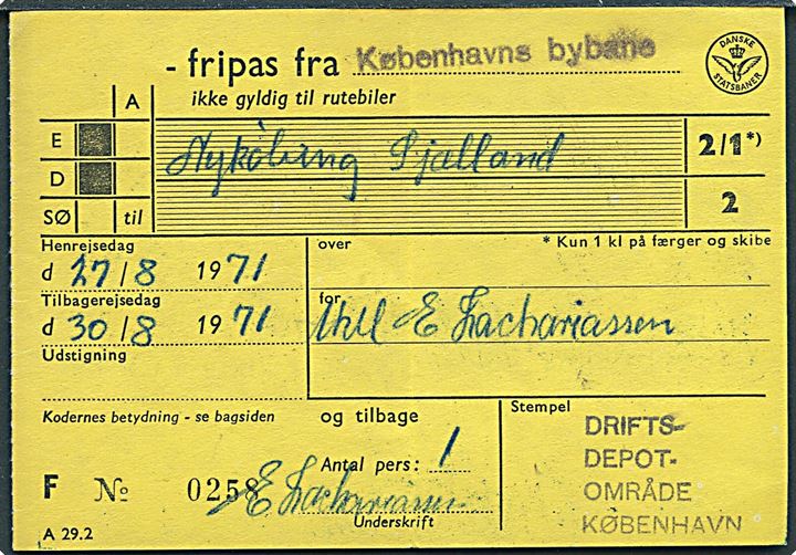 Danske Statsbaner Fripas fra Københavns Bybane til Nykøbing Sjælland 27.8.-30.8.1971.