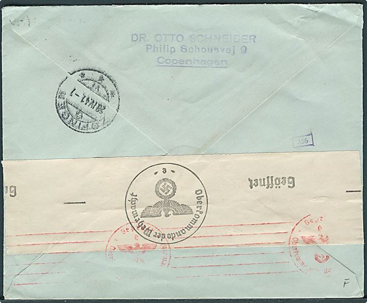 25 øre Karavel og 1 kr. Chr. X på luftpost ekspresbrev fra København d. 16.4.1941 til Zofingen, Schweiz. Åbnet af tysk censur.