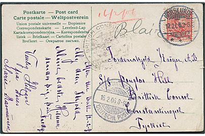 10 øre Chr. IX på brevkort fra Horslunde d. 12.2.1906 til sømand ombord på S/S Douglas Hill, Britiske Konsulat i Constantinopel, Tyrkiet. Ank.stemplet ved det tyske postkontor Constantinopel Deutsche Post d. 16.2.1906 og svagt britisk konsulat stempel.