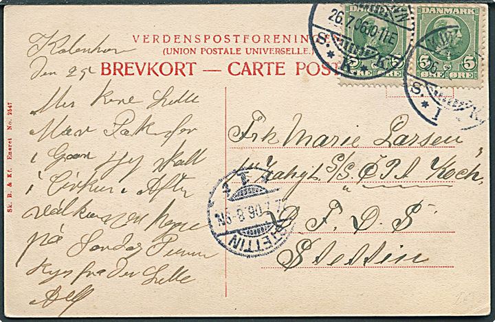 5 øre Chr. IX i parstykke på brevkort fra Kjøbenhavn d. 26.7.1906 til kvinde ombord på DFDS skibet S/S C.P.A. Koch i Stettin, Tyskland.