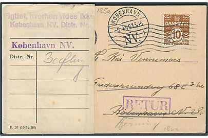10 øre Bølgelinie på brevkort fra Herning d. 5.4.1940 til København. Retur da modtager er flyttet med vignet: P.26 (10-34 B8)