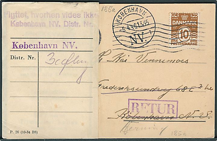 10 øre Bølgelinie på brevkort fra Herning d. 5.4.1940 til København. Retur da modtager er flyttet med vignet: P.26 (10-34 B8)