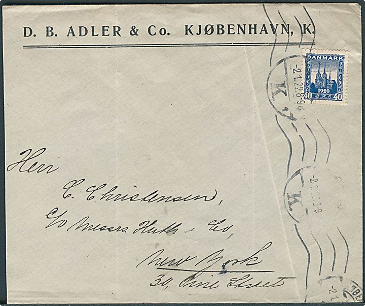 40 øre Genforening single på brev fra København d. 2.1.1922 til New York, USA.