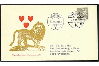1,20 øre grå, 1,25 kr. orange og 1,50 kr. rødlilla rigsvåben fra København d. 12.4.1962 til Bonn, Tyskland.
