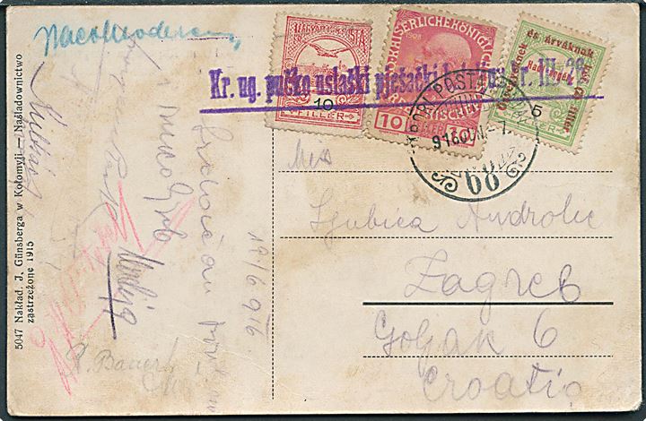 Østrigsk og ungarsk blandingsfrankeret brevkort fra Kolomea annulleret med feltpoststempel no. 68 d. 7.6.1916 til Zagreb.