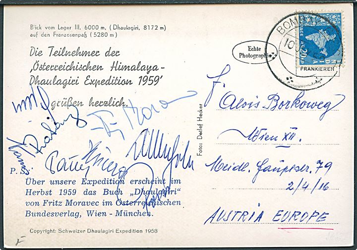 20 np. på brevkort fra Österreischischen Himalaya-Dhaulagiri Expedition 1959 stemplet Bombay d. 10.7.1959 til Wien, Østrig. 