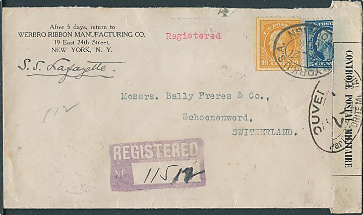 5 c. og 10 c. Washington på anbefalet brev fra New York d. 27.5.1916 til Schönenwerd, Schweiz. Påskrevet: S.S Lafayette. Åbnet af fransk censur.