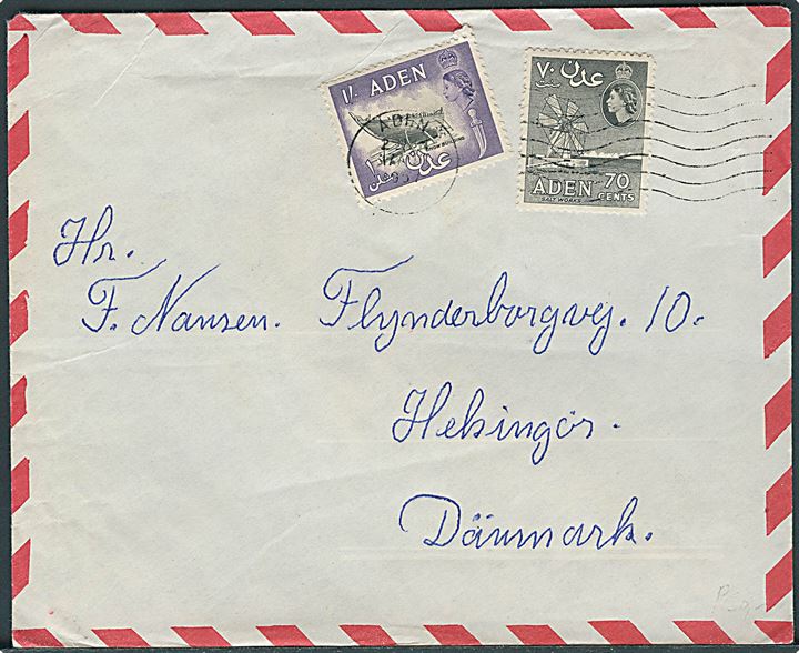 70 c. og 1 sh. på luftpostbrev fra Aden d. 17.8.1957 til Helsingør, Danmark. Fra sømand ombord på M/S Susanne Skou.