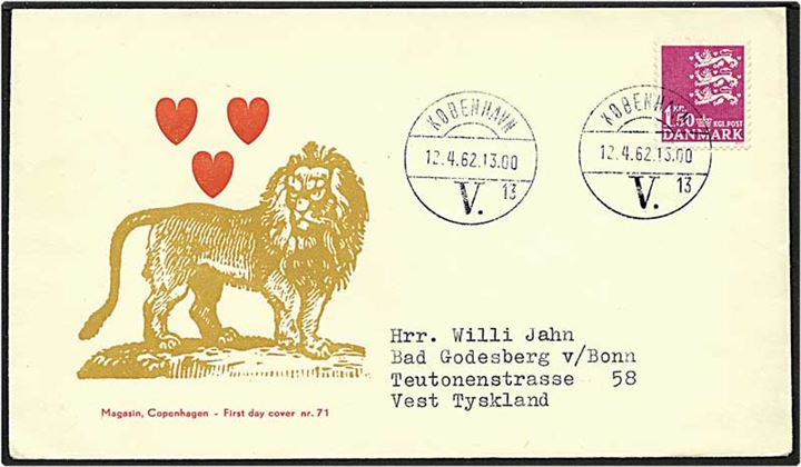 1,20 øre grå, 1,25 kr. orange og 1,50 kr. rødlilla rigsvåben fra København d. 12.4.1962 til Bonn, Tyskland.