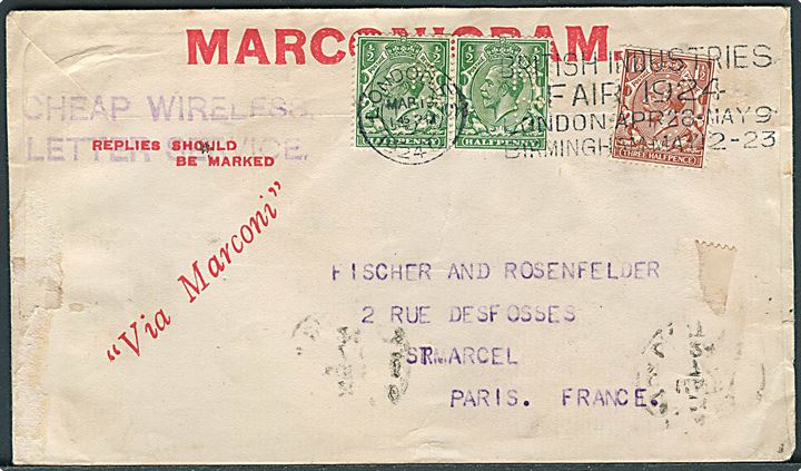 ½d (par) og 1½d George V med perfin M Co på Marconigram radiobrev fra London d. 19.3.1924 til Paris, Frankrig.
