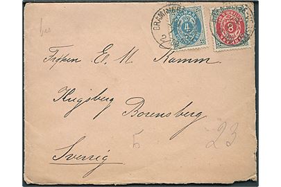 4 øre og 8 øre Tofarvet på brev fra Ribe annulleret med lapidar bureaustempel Bramminge - Vedsted d. 19.7.1890 til Rosensberg, Sverige.