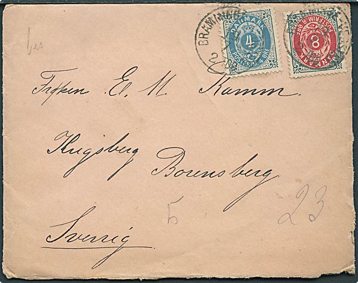 4 øre og 8 øre Tofarvet på brev fra Ribe annulleret med lapidar bureaustempel Bramminge - Vedsted d. 19.7.1890 til Rosensberg, Sverige.