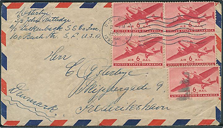 6 cents Transport (5) på luftpostbrev fra sømand ombord på amerikanske skib S/S John Rutledge stemplet U.S.Navy 13933 (Subic Bay, Philippinerne) d. 23.1.1946 til Frederikshavn, Danmark. Fold.