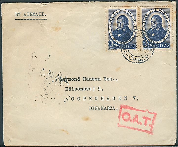 1$75 (2) på luftpostbrev fra danske Legation i Lissabon d. 27.9.1945 til København, Danmark. Rødt O.A.T. stempel fra London.