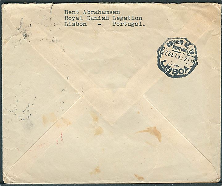 1$75 (2) på luftpostbrev fra danske Legation i Lissabon d. 27.9.1945 til København, Danmark. Rødt O.A.T. stempel fra London.