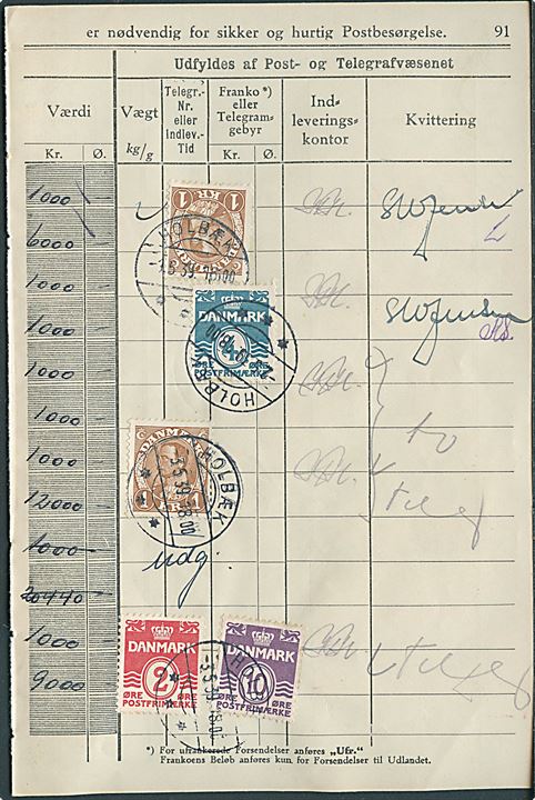 2 øre, 4 øre, 10 øre Bølgelinie og 1 kr. Chr. X (2) på stemplet Holbæk d. 2.5.1939 & 3.5.1939 på side fra Postkvitteringsbog.