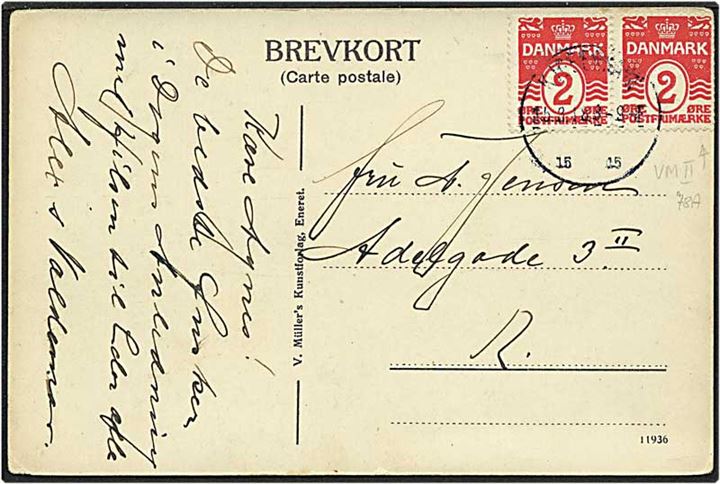 2 øre rød bølgelinie på lokalt sendt postkort fra København d. 15.8.1918.