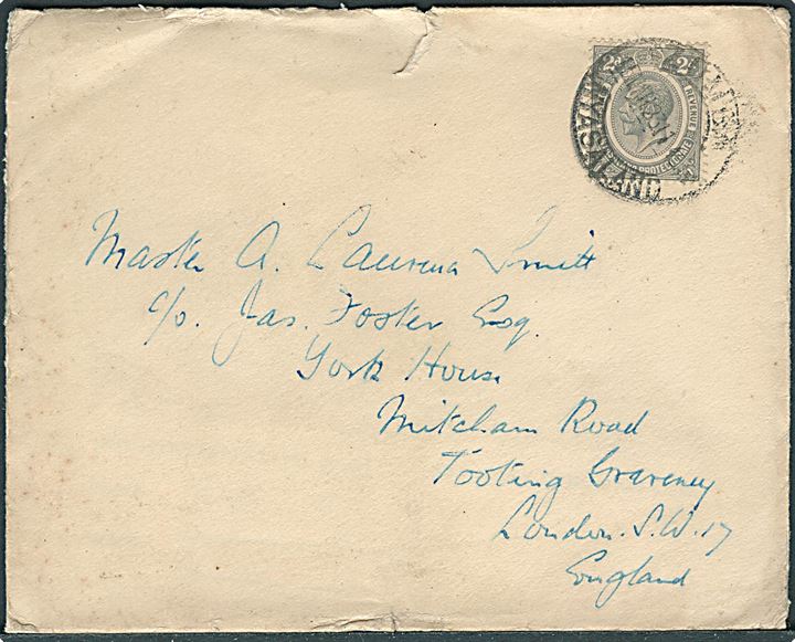 2d George V single på brev fra Zumba Nyasaland d. 15.3.1923 til London, England.