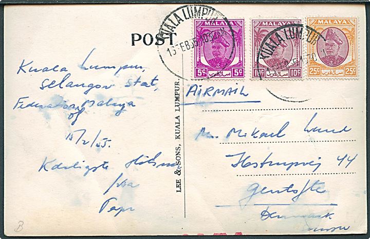 Malaya/Selangor. 5 c., 10 c. og 25 c. på luftpost brevkort fra Kuala Lumpur d. 16.2.1955 til Gentofte, Danmark. Fold.
