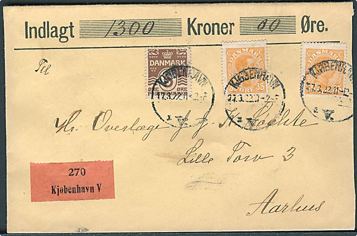 5 øre Bølgelinie og 35 øre Chr. X (2) på værdibrev fra Kjøbenhavn d. 17.3.1922 til Aarhus.