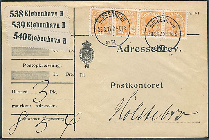 35 øre Chr. X i vandret 4-stribe på adressebrev for 3 pakker fra Kjøbenhavn d. 28.3.1917 til Holstebro.