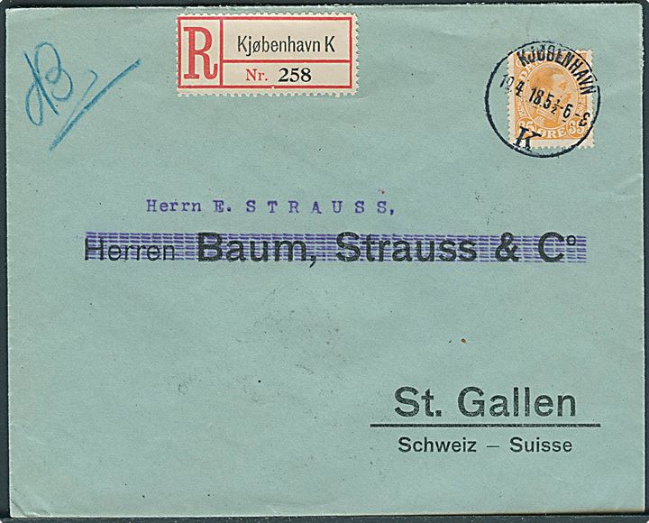 35 øre Chr. X single på anbefalet brev fra Kjøbenhavn d. 11.4.1918 til St. Gallen, Schweiz.