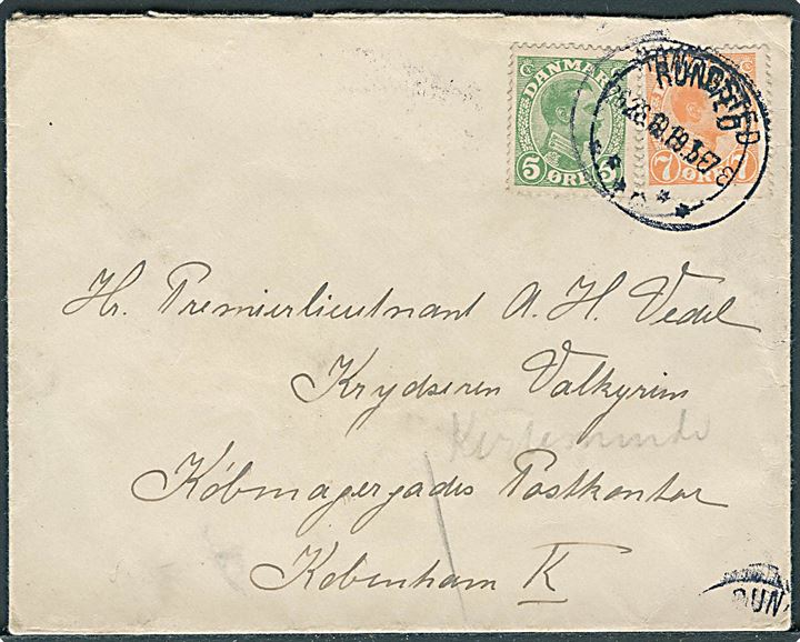 5 øre og 7 øre Chr. X på 12 øre frankeret brev fra Ringsted d. 26.8.1919 til Krydseren Valkyrien, Købmagergades Postkontor, Kbh. - eftersendt til skibets station i Kerteminde.
