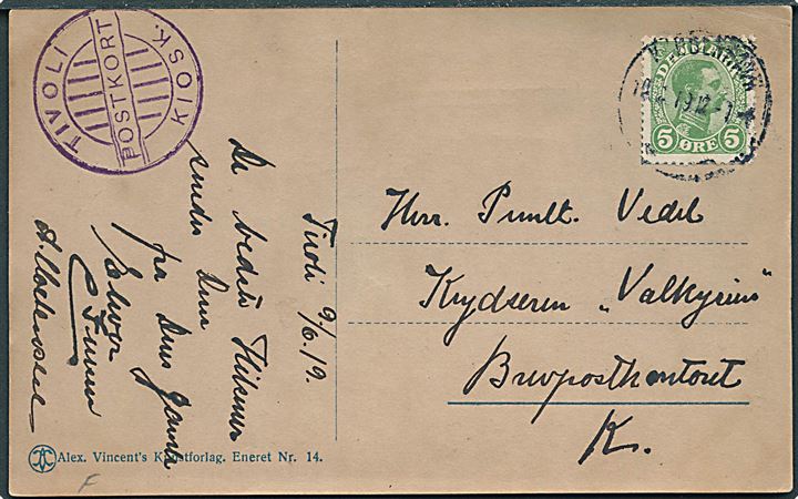 5 øre Chr. X på lokalt brevkort i Kjøbenhavn d. 9.6.1919 til krydseren Valkyrien, Brevpostkontoret, København K.