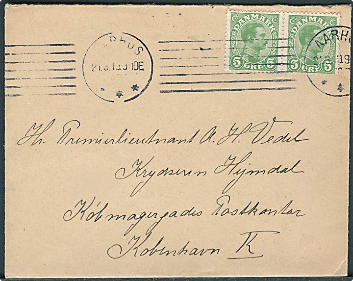 5 øre Chr. X i parstykke på brev fra Aarhus d. 21.3.1919 til Krydseren Hejmdal, Købmagergades Postkontor Kbh. K.