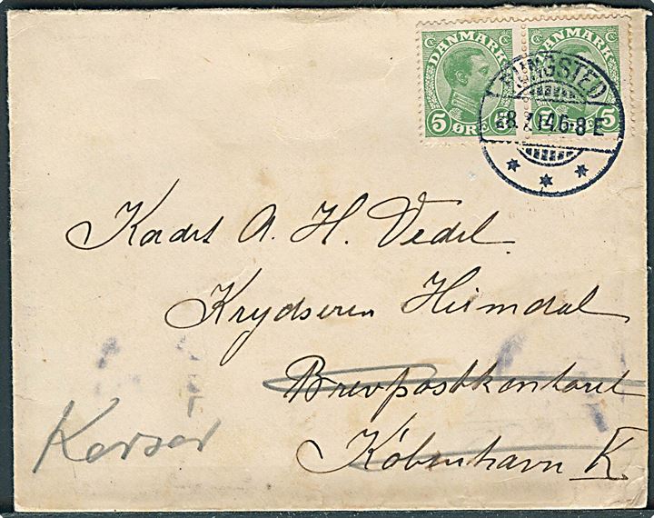 5 øre Chr. X i parstykke på brev fra Rungsted d. 28.7.1914 til Krydseren Valkyrien, Brevpostkontoret, København K. - eftersendt til skibets station i Korsør.