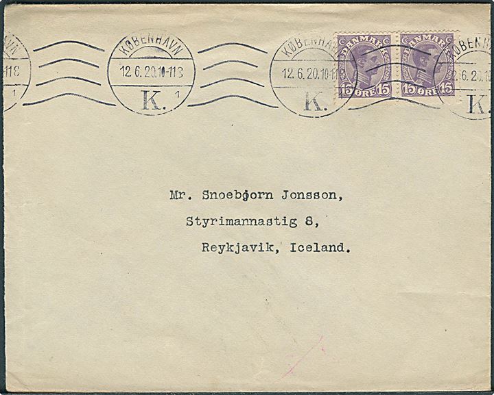 15 øre Chr. X i parstykke på brev fra København d. 12.6.1920 til Reykjavik, Island.