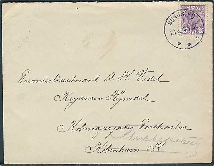 15 øre Chr. X på brev fra Rungsted d. 24.6.1920 til Krydseren Hejmdal, Købmagergades Postkontor, København K. - eftersendt til skibets station ved Snekkersten.
