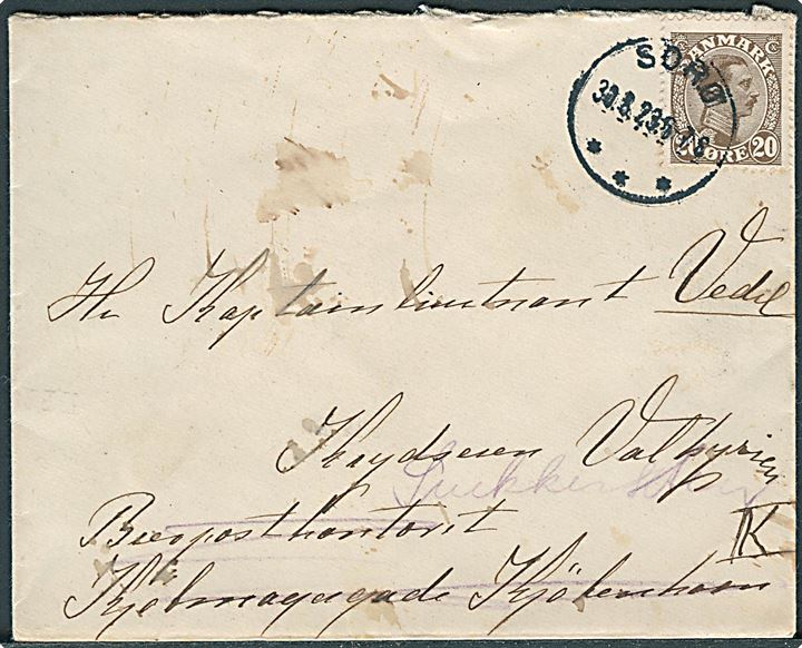 20 øre Chr. X på brev fra Sorø d. 30.8.1923 til krydseren Valkyrien, Købmagergades Postkontor i København - eftersendt til skibets station ved Snekkersten.