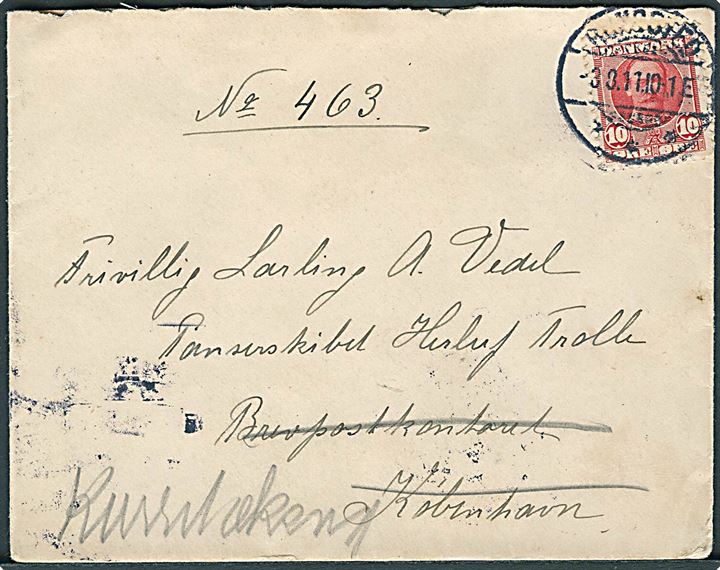 10 øre Fr. VIII på brev fra Rungsted d. 3.8.1911 til Panserskibet Herluf Trolle, Brevpostkontoret København - eftersendt til skibets station ved Karrebæksminde.