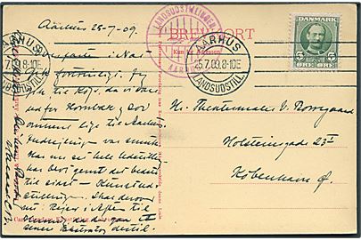 5 øre Fr. VIII på brevkort (Landsudstillingen i Aarhus, udsigt til Maskinhallen) annulleret med særstempel Aarhus Landsudstill. d. 25.7.1909 til København.