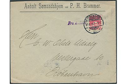 10 øre Bølgelinie på fortrykt kuvert fra Anholt Sømandshjem annulleret Kjøbenhavn B. d. 25.3.1914 og sidestemplet Fra Anholt til København.